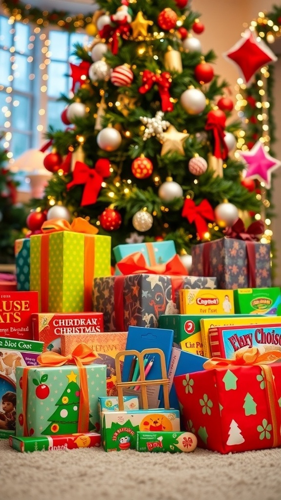 A vibrant display of Christmas gifts for children under a decorated tree.